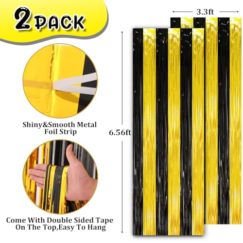 Image of Voircoloria 2 Pack Black and Gold Tinsel Foil Fringe Curtains, Black and Gold Party Decorations, Metallic Tinsel Party Streamers Backdrop for 2025 New Years Graduation Prom Party Decorations
