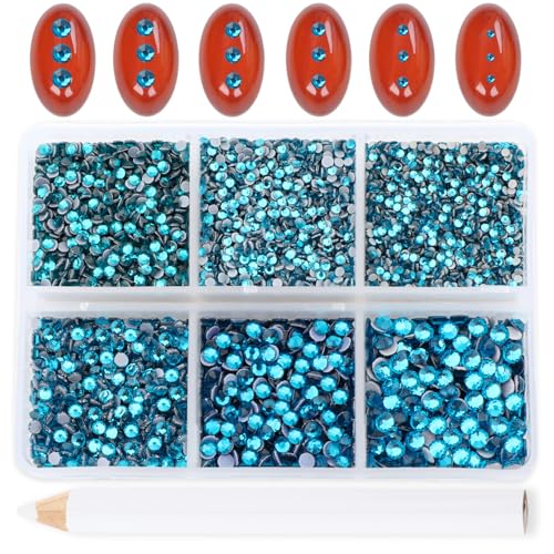 Image of Bymitel Hotfix Crystal Rhinestones Round Gems for Crafts,Mixed 6 Sizes with Wax Pencil Kit, Blue Zircon 1.3-3.2mm(SS3-SS12 /8000pcs)