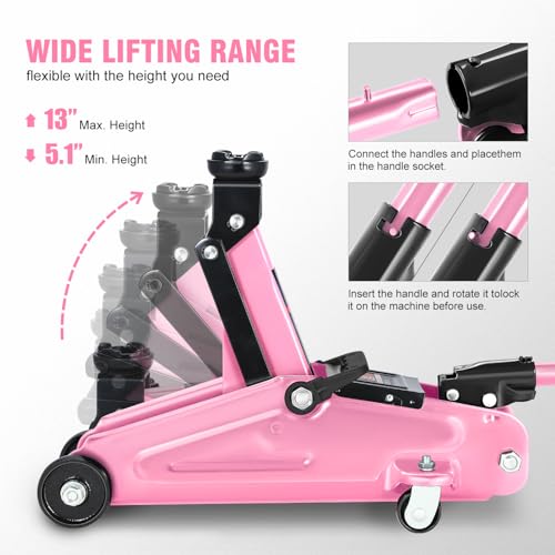 Image of DNA Motoring Low Profile Hydraulic Trolley Service /Floor Jack, 2 Ton (4000 lbs) Capacity, Lifting Range 5.1 inch-13 inch, Pink, TOOLS-00474-PK