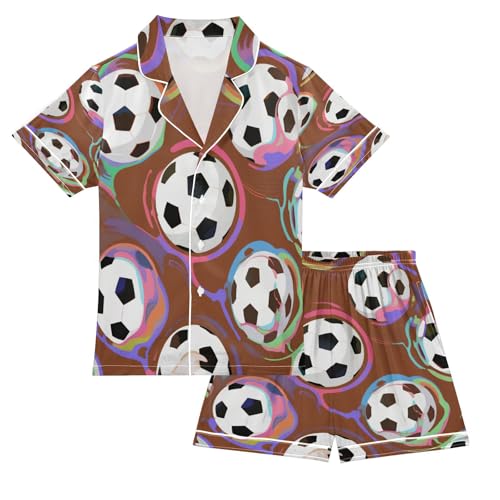 Satin Pajama Sets Short Sleeve Soccer Balls on Colorful Background Button Down Silky Nightwear 2 Piece PJS 5-14Y