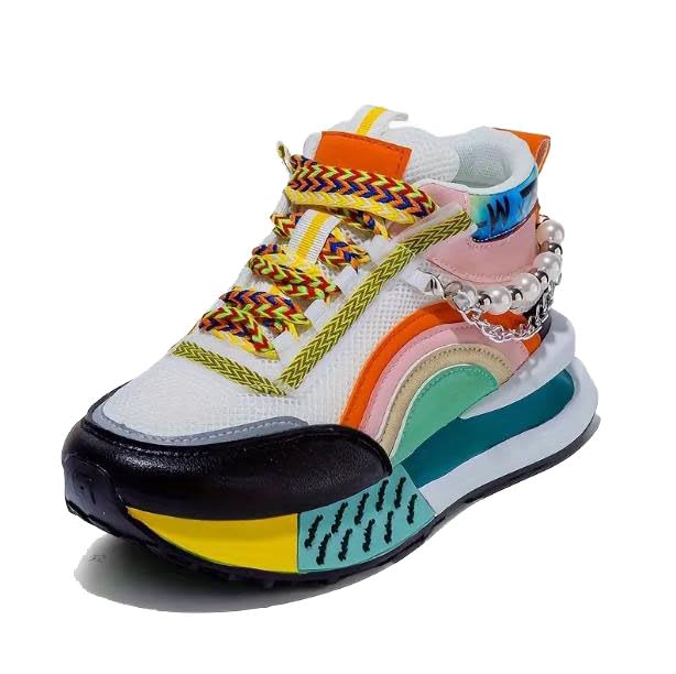 Women's Fashion Platform Mid-Top Sneakers with Sparkling Bead Chain - Breathable Mesh, Lace-Up Casual Shoes for All Seasons