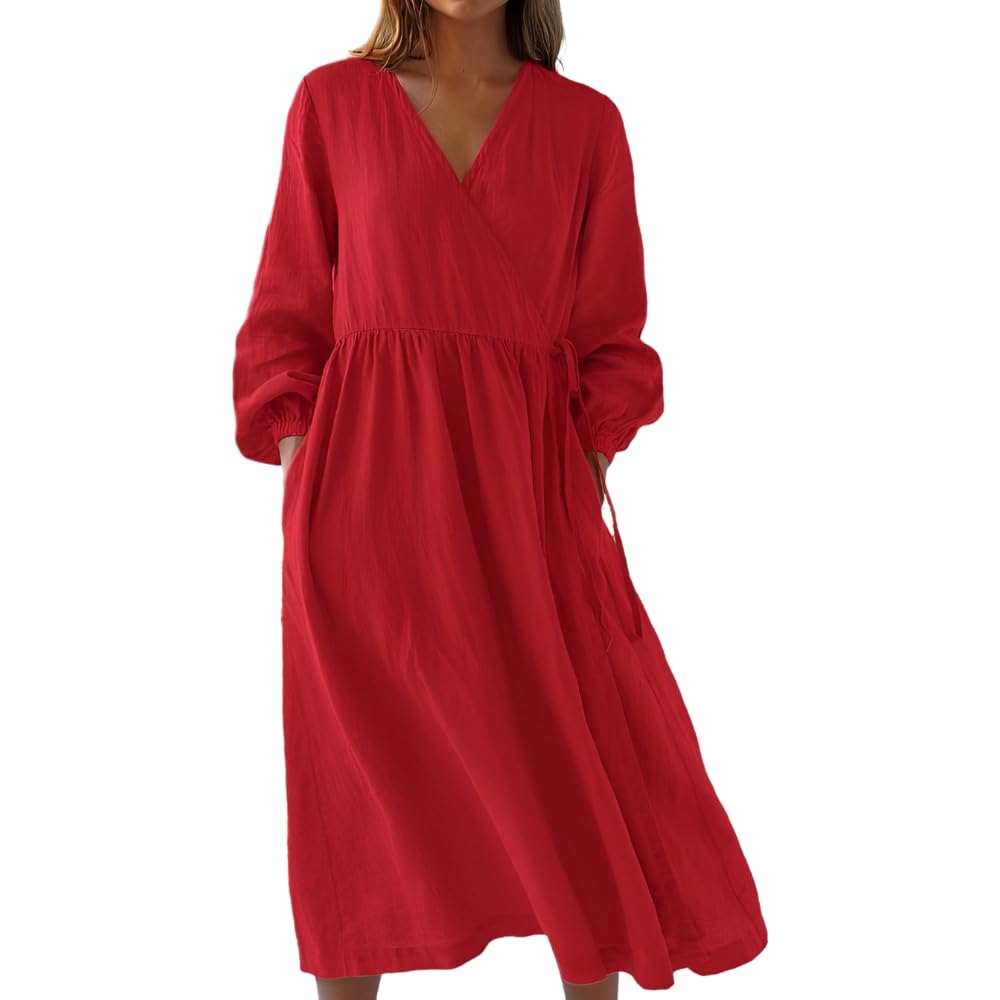 Women's Casual Cotton Linen V Neck Front Tie Lantern Long Sleeve Dresses Loose Flowy Plus Size Maxi Dress with Pockets