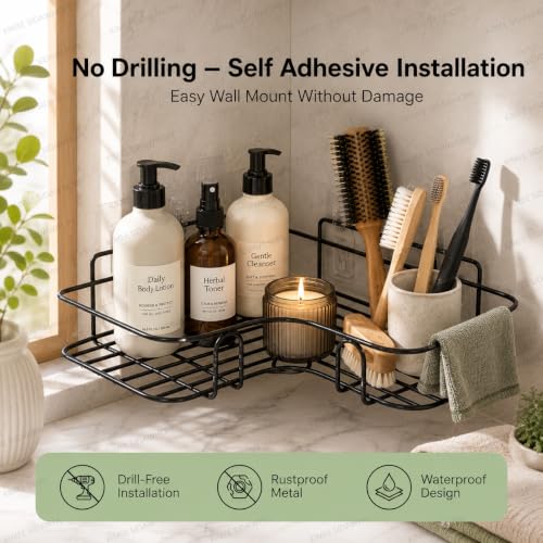 Image of Nieifi KIMEE Set of 2 Metal Bathroom Corner Shelf | Rustproof No-Drill Self Adhesive Wall Mounted Storage Rack for Bathroom and Kitchen | Heavy Duty Shower Caddy Organizer, 8 and 9 Inch, Black