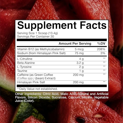 Image of RAW Essential Pre-Workout Powder (Sour Watermelon) - Chris Bumstead Sports Nutrition Supplement for Men & Women - Preworkout Energy Powder with Caffeine, L-Citrulline, L-Tyrosine, & Beta Alanine Blend