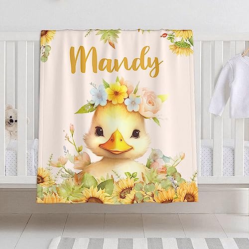 Personalized Custom Baby Blanket with Name - Duck Sunflower Swaddle Blanket for Toddlers, Infants, Kids, Shower, Newborns - Nursery Stroller Crib Decor Throw Birthday Gift
