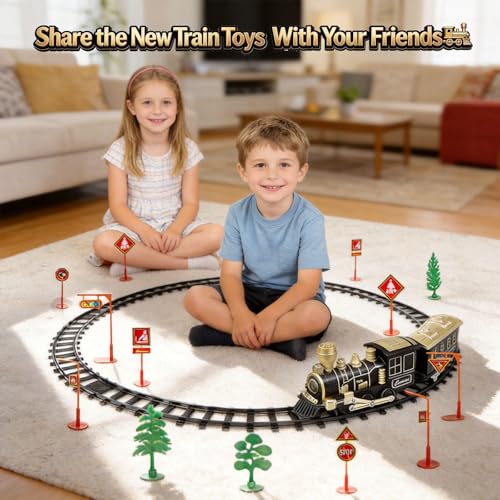 Image of Electric Train Set, Ages 4-8 - Christmas Train with Locomotive, Passenger Car, 6 Curves, LED Light & Sound - Indoor Toy for Kids, for Holiday Village or Train Table