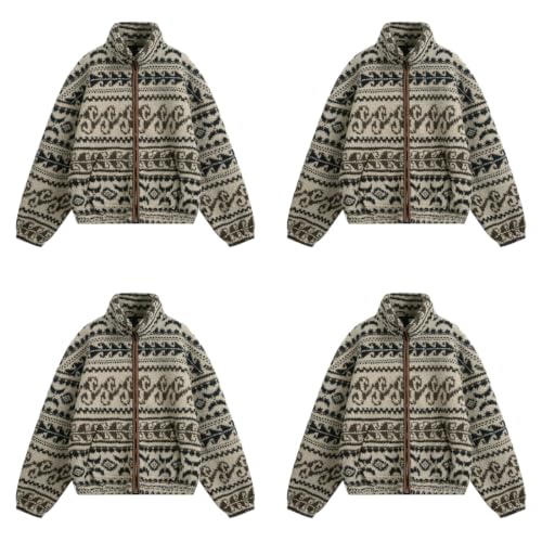 Mens Jacket Ethnic Style Jacquard Fleece Fall Winter Stand Collar Warm Coat - image 1