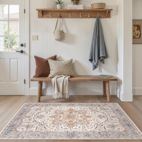 Tortania Area Rug Living Room Rugs - 3x5 Washable Rug Vintage Oriental Distressed Farmhouse Small Thin Indoor Carpet for Living Room Bedroom Under Dining Table Home Office - Azure Orange