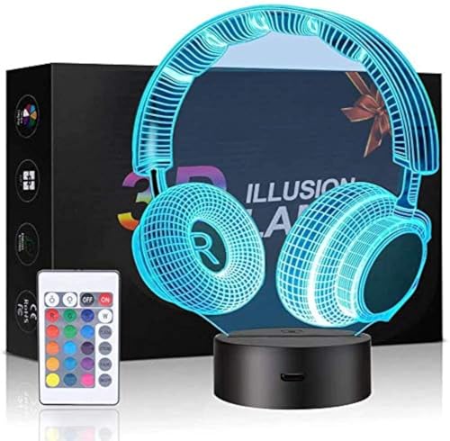 Lámpara de ilusión 3D, luz nocturna 3D para niños y niñas, lámpara de escritorio de mesa de 7 colores que cambian de decoración del hogar, escultura de acrílico LED con control remoto (auriculares)