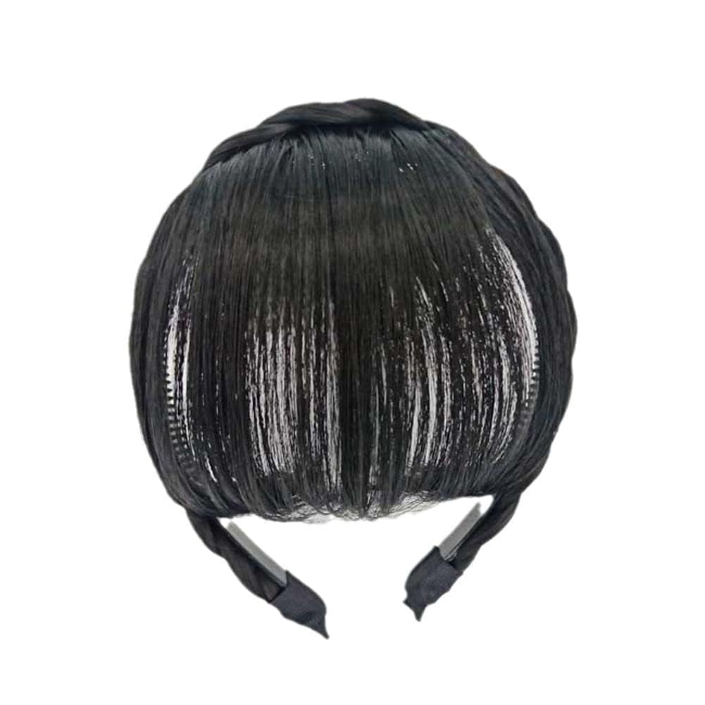 Jowxsx 100% Black Human Hair Extensions Medium Black Clip on Fringe Bangs with nice net Natural Flat neat Bangs with Temples for women One Piece