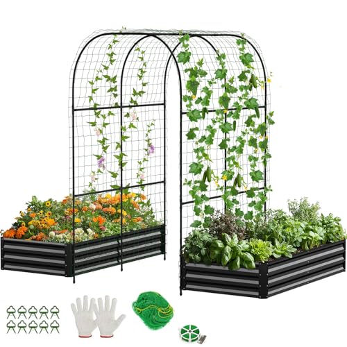 DoCred 3 in 1 Raised Garden Bed with 87in Tall Arch Trellis for Climbing Plants, Galvanized Planter Garden Box Outdoor for Gardening, Climbing Vegetables, Flower, Green