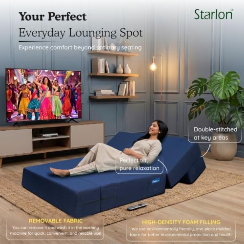 Image of Starlon 2 Seater Foldable Sofa Cum Bed 3-in-1 with 2 Floral Pattern Pillows, Washable Jute Fabric Cover, Space Saving Guest Bed, Pre-Assembled Royal Navy Blue 4x6 Ft