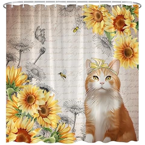 BCNEW Sunflower Cat Shower Curtain Rustic Retro Cute Kitten Bee Vintage Farmhosue Animal Natural Plant Polyester Fabric Bathroom Decor 70×70 Inch with Hook Cover