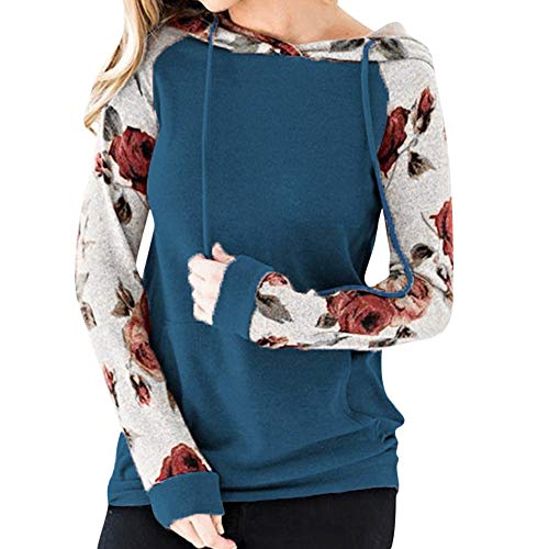 Rovinci_Womens Floar Print Patchwork Hooded Vintage Stitching Hoody Blouse Long Sleeve Drawstring Hoodie with Kangaroo Pocket Hooded Sweatshirt Blue