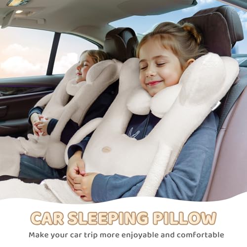 Image of FLORICH Kids Travel Pillow, Car Sleeping Travel Pillow for Kids, Removable H-Shaped Pillow for Adults and Children to Support Head and Body Road Trips with Neck Pillow and Blanket (Beige White)