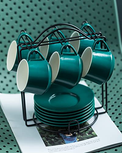 Yhosseun Porcelain Espresso Cup And Saucers With Metal Rack Coffee Cups For Double Espresso, Latte, Cafe Mocha, Americano, Tea, 4 Ounces Set Of 6, Dark Green #TOP7