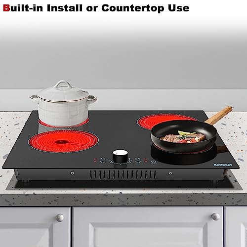 Image of Karinear 24 Inch Electric Cooktop 4 Burners Electric Stove Top, 220-240v Built-in Electric Ceramic Cooktop with Knob Control,9 Power Levels, Black Glass,No Plug