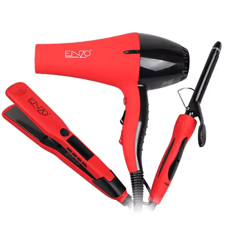 ENZO EN-6306 Professional Italian Hair Styling Package 3-Piece Set - Includes Hair Dryer, Ceramic Straightener, and Curling Iron - Intl Version