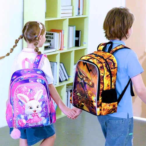 Image of 3Pcs Boys Backpack, 16 inch Boy School Bookbag for Elementary Preschool Kindergarten, Kids Dragon Backpacks with Lunch Box(Orange)