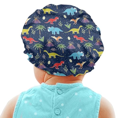 Image of Kids Satin Hair Bonnet, Colorful Dinosaur Palm Tree Design, Sleep Cap with Elastic Band, Head Hair Cover Night Cap Indoor Outdoor Sleeping Beanie Headwear for Toddler Baby