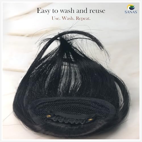 Image of Sanas Hair Bangs For Women (1Pc) Clip On Front Hair Extensions For Women Black Children's Fake Bangs Hair Extensions For Woman Stylish Clip On Front Hair Patch For Woman Wedding (1Pc) (Classic Black)