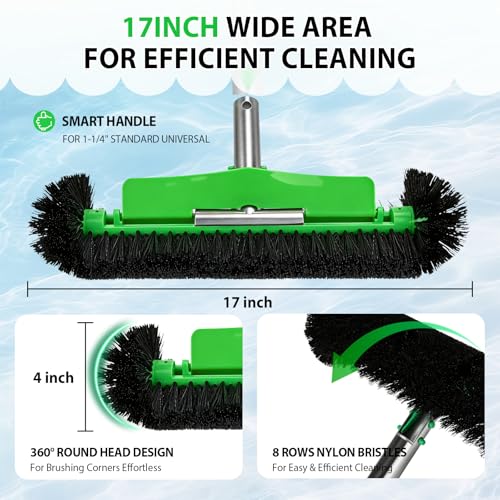 17.5" Professional Pool Brush - Sticks to Walls & Floor, High-Efficiency Heavy Duty Inground/Above Ground Pool Scrub Brushes with Round Ends, Premium Nylon Bristle,Reinforced Aluminium, Safe for Vinyl by KGC - Image 2