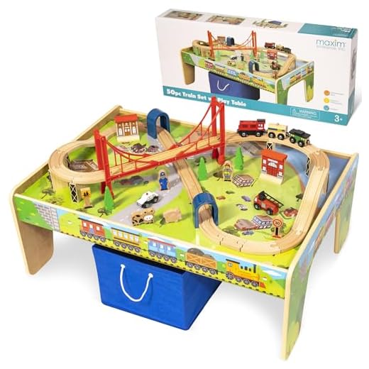 maxim enterprise, inc. 50 Piece Wooden Train Set with Train / Activity Table - BRIO and Thomas & Friends Compatible, Multi Color