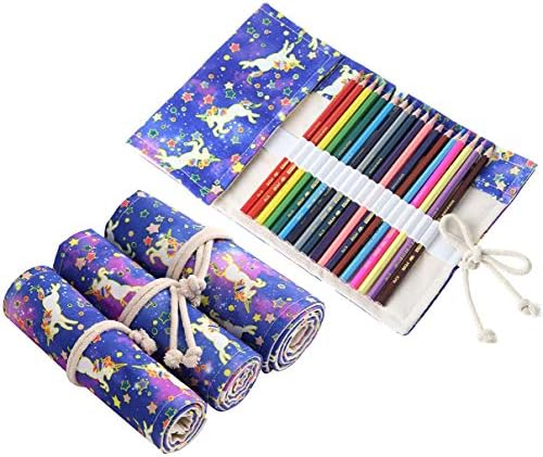 Funkeet Kids Unicorn Pencil Wrap Roll Up Case Colored Canvas Travel Drawing Pencil Roll Pouch Holder Organizer for Students Artists (48 Slots)