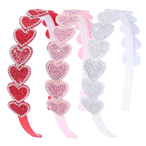 OAOLEER 3 PCS Heart Headbands for Girls Red Pink White Rhinestone Headband Glitter Love Hairbands Party Wedding Valentines Non Slip Hair Accessories for Girls