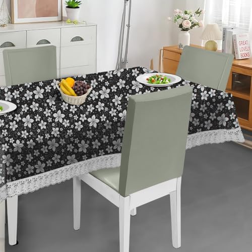 Image of The Furnishing Tree Waterproof PVC Rectangle Shaped 4 Seater Table Cover WxL 54x78 inches Floral Pattern White Black with White Border lace
