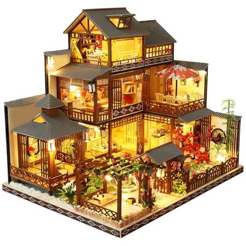Spilay DIY Dollhouse Miniature with Wooden Furniture,DIY Dollhouse Kit Big Japanese Courtyard Model...
