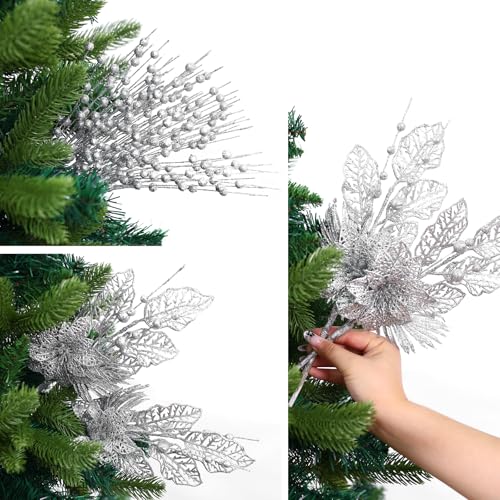 CristBest 24 Pack Christmas Tree Ornaments - Artificial Flowers Glitter Berry Stems Christmas Floral Picks Branches for Xmas Tree Decorations Vase Filler Holiday Wedding Party Home Decor (Silver) - image 6