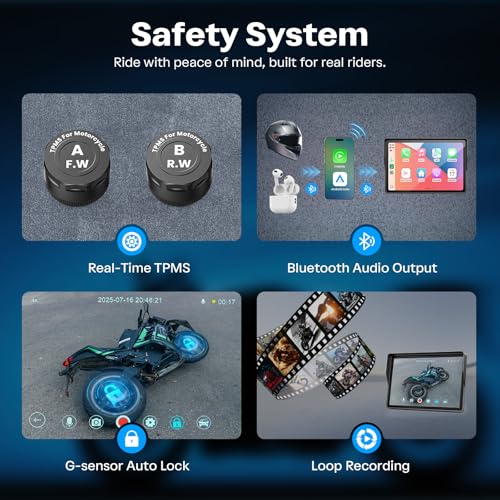 Image of WonVon Motorcycle CarPlay Screen with Android Auto - 5 inch Waterproof GPS, Pantalla para Moto, Apple CarPlay, Navigation System for Motorcycle, Dual 2K Dash Cam Bluetooth Audio & TPMS (No SD Card)