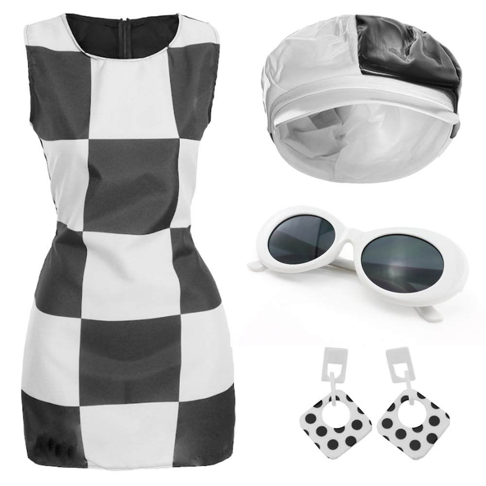 Ladies Mod 60s Costume Set - Medium - Black & White Dress with Matching Hat, Glasses & Earrings - Perfect for Retro Fancy Dress Parties