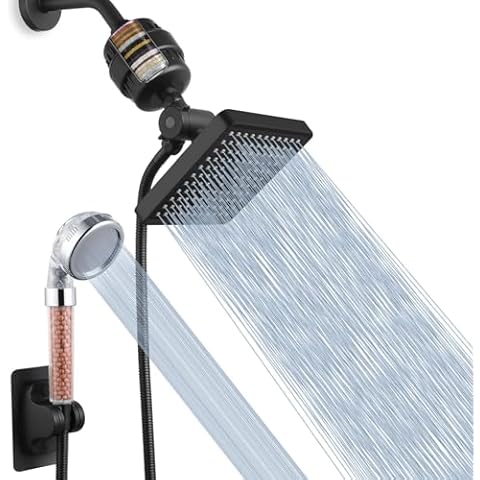 Voolan Filtered Shower Head, High Pressure Rain Shower with Handheld Shower Filter Combo with Self-adhesive Holder/59" Hose -1 Replaceable Filter Cartridge (Black) Cover