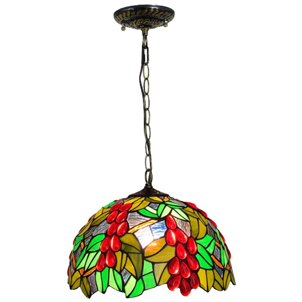 YNIYUJKL 12-Inch Pastoral Creative Pendant Light, Tiffany-Style Red Grape Art Dining Room Ceiling Hanging Lamp European Stained Glass Balcony Bedroom Chandelier Lighting
