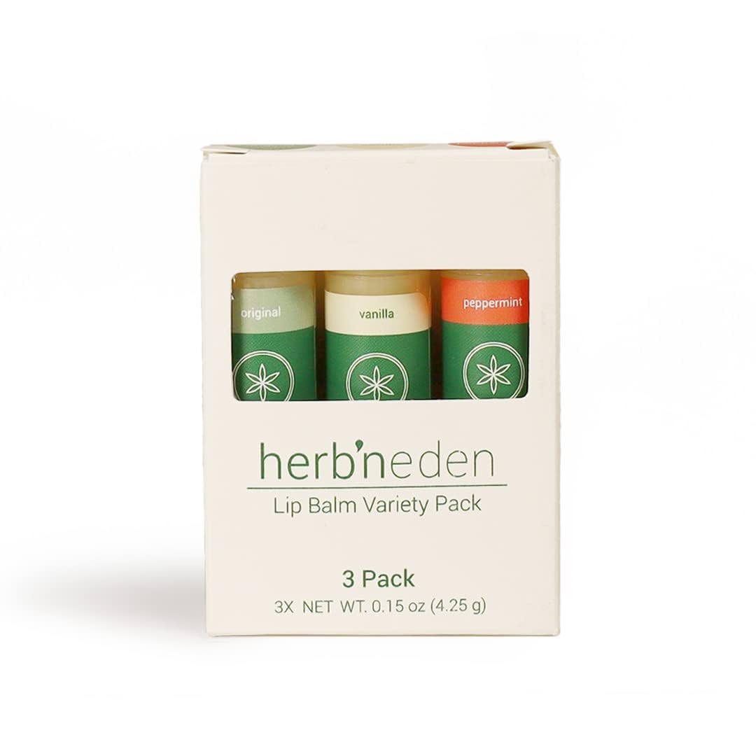 Herb’N Eden Lip Balm Variety Pack of 3 | Moisturizing and Soothing for Dry, Chapped Lips | Vanilla, Peppermint, Unscented | 100% Natural Ingredients |
