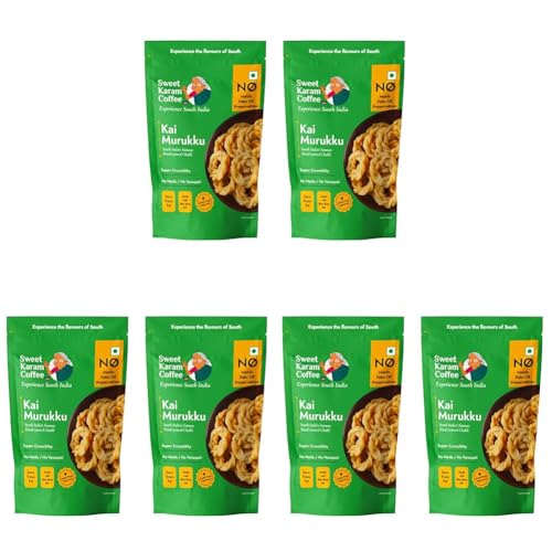Image of Sweet Karam Coffee Kai Murukku - Pack of 6 (150g each) | No Palm Oil & Preservatives | Authentic South Indian Hand-Twisted Chakli | Crunchy & Delicious Namkeen | Tea Time Snack | Festive Special
