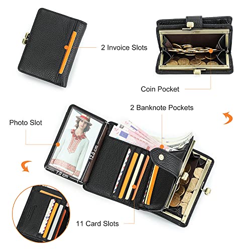 CONTACTS Full Grain Leather Kiss Lock Wallet for Women Coin Pocket Kiss Clasp Purse Small Card Holder Bifold Rfid Wallet (Black)4