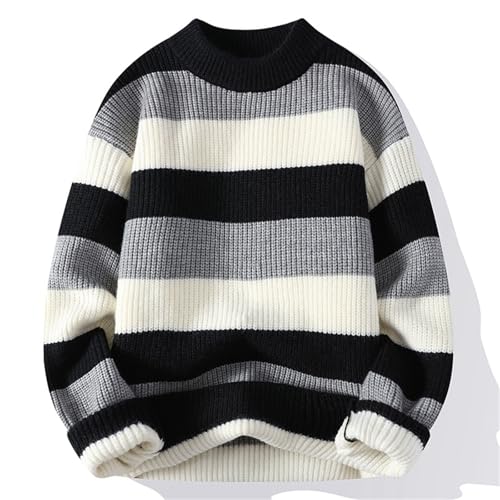 Striped Sweater Men Crew Neck Pullover Cable Knit Loose Casual Long Sleeve Tops