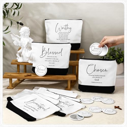 Kacctyen 20 Pcs Christian Gift for Women Bulk 10 Inspirational Religious Canvas Makeup Bag 10 Mini Christian Compact Mirrors Religious Gifts for Women Pastor Wife Church Bible Study(Bible Verse)4