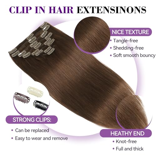 Image of Clip in Hair Extensions Real Human Hair 18 inch 100g /3.6oz Straight Seamless Invisible Human hair Extensions Clip ins for Women Double Weft 8pcs #4-Chocolate Brown