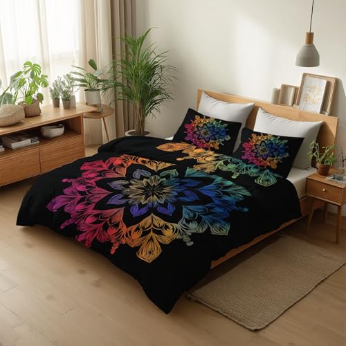 Housse de Couette Noir 90 x 190 cm Arc en ciel de couleurs Mandala floral Parure de lit 1 Personne en Respirante avec Fermeture Éclair Réversible Sets de...