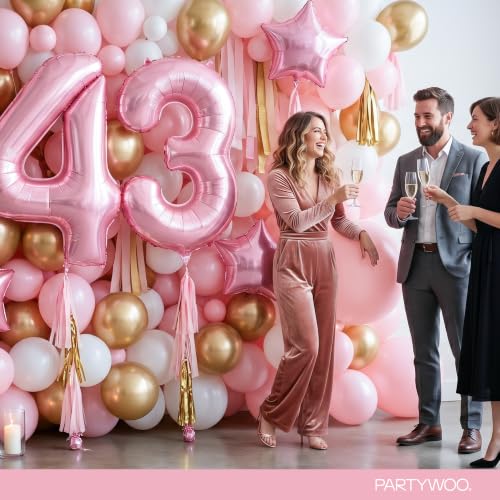 Image of PartyWoo Baby Pink Number 3 Balloon 40 Inch 25pcs Pink Foil Star White Gold