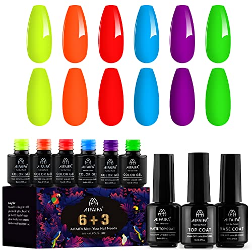 AIFAIFA 9Pcs Nail Polish Kit, Neon Gel Nail Polish Set Soak Off Purple Color Nail Gel Polish, Nail Art Gel Polish Base and Glossy & Matte Top Coat All-Season Salon Nail Art Design Green Red and Blue