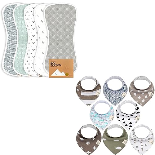 Image of KeaBabies 5-Pack Muslin Baby Burp Cloths and 8-Pack Baby Bandana Drool Bibs - Soft and Absorbent Burping Rags for Infant and Newborn, Drooling and Teething Bibs for Kids