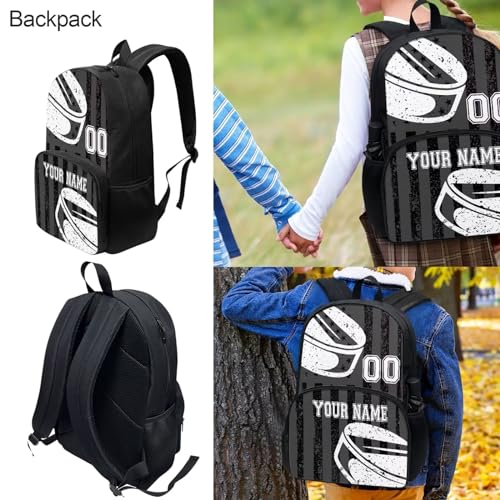4Pcs Personalized Hockey School Backpack Set Travel Bookbag Lunch Bags Shoulder Bag Pencil Holder for Middle School Student, Black American Flag4