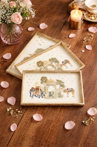 Image of Premium Wooden Serving Tray Set of 3 | Ethnic Indian Art Printed Tea, Coffee & Snack Trays | Decorative Multipurpose Home & Kitchen Serving Tray (C-03)
