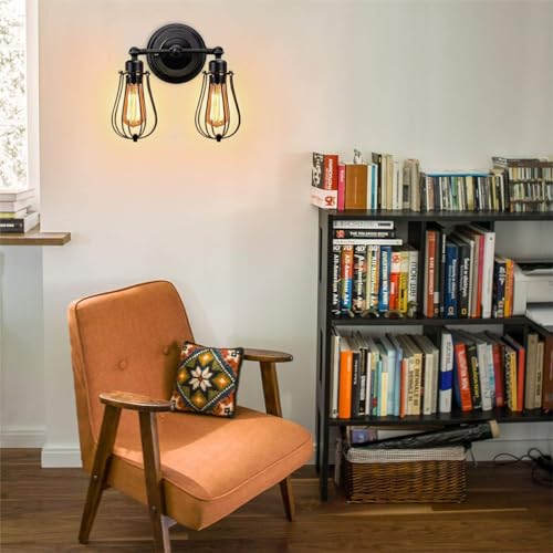 SIXRUN Aplique de Pared de Doble Cabezal Industrial Vintage Lámpara de Pared de Jaula de Alambre Ajustable Lámpara de de Estilo Retro para Dormitorio Sala de Estar Oficina 1* de de Doble Cabeza