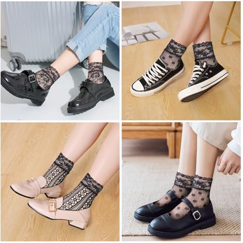 3 Pairs Black Lace Socks Women, Lace Sheer Socks, Women's Ankle Ruffle Frilly Fishnet Sock Summer Sexy Girls Thin Fashion Sexy Stockings Transparent All Black4